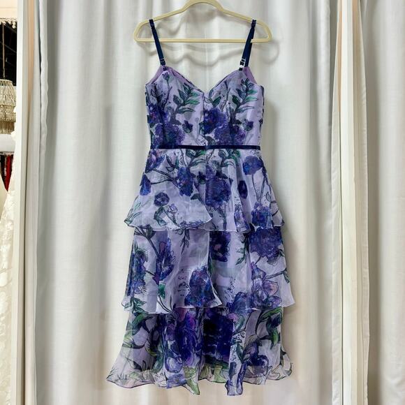 Marchesa Notte Floral Tiered Twist Front Tea Length Dress Organza Lilac US 4 - Picture 7 of 7